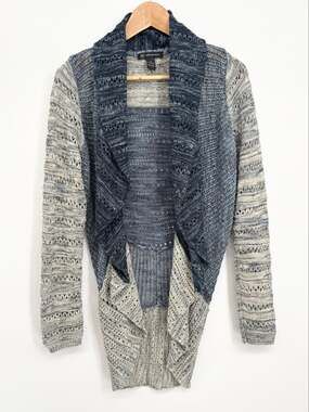 INC International Concepts Navy Blue, Gray, Cream Knit Cardigan Sweater Size M